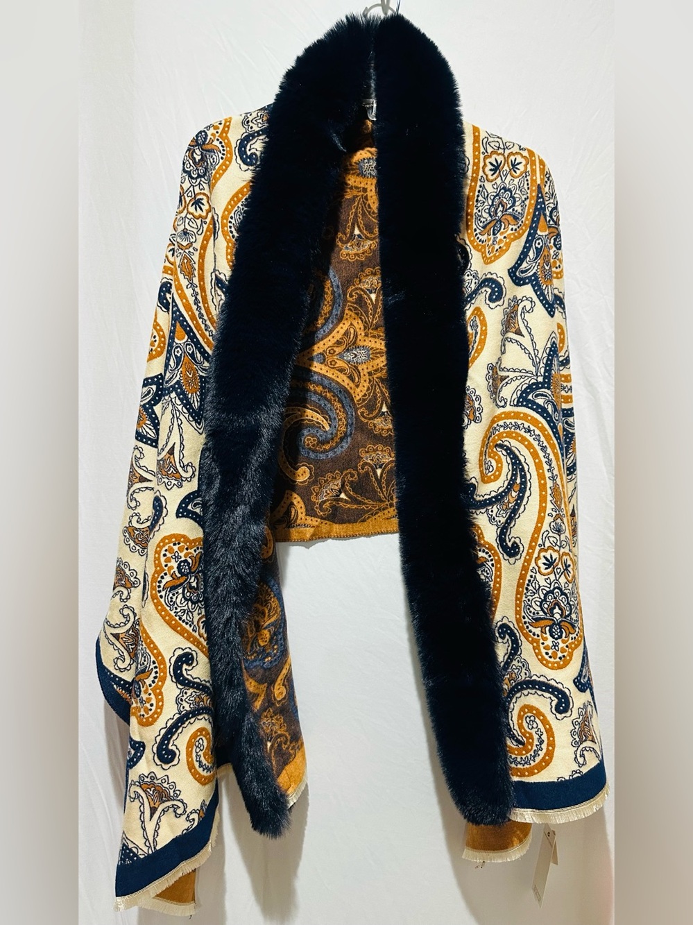 Max Studio Paisley Faux Fur Trim Woven Shawl/Wrap Scarf